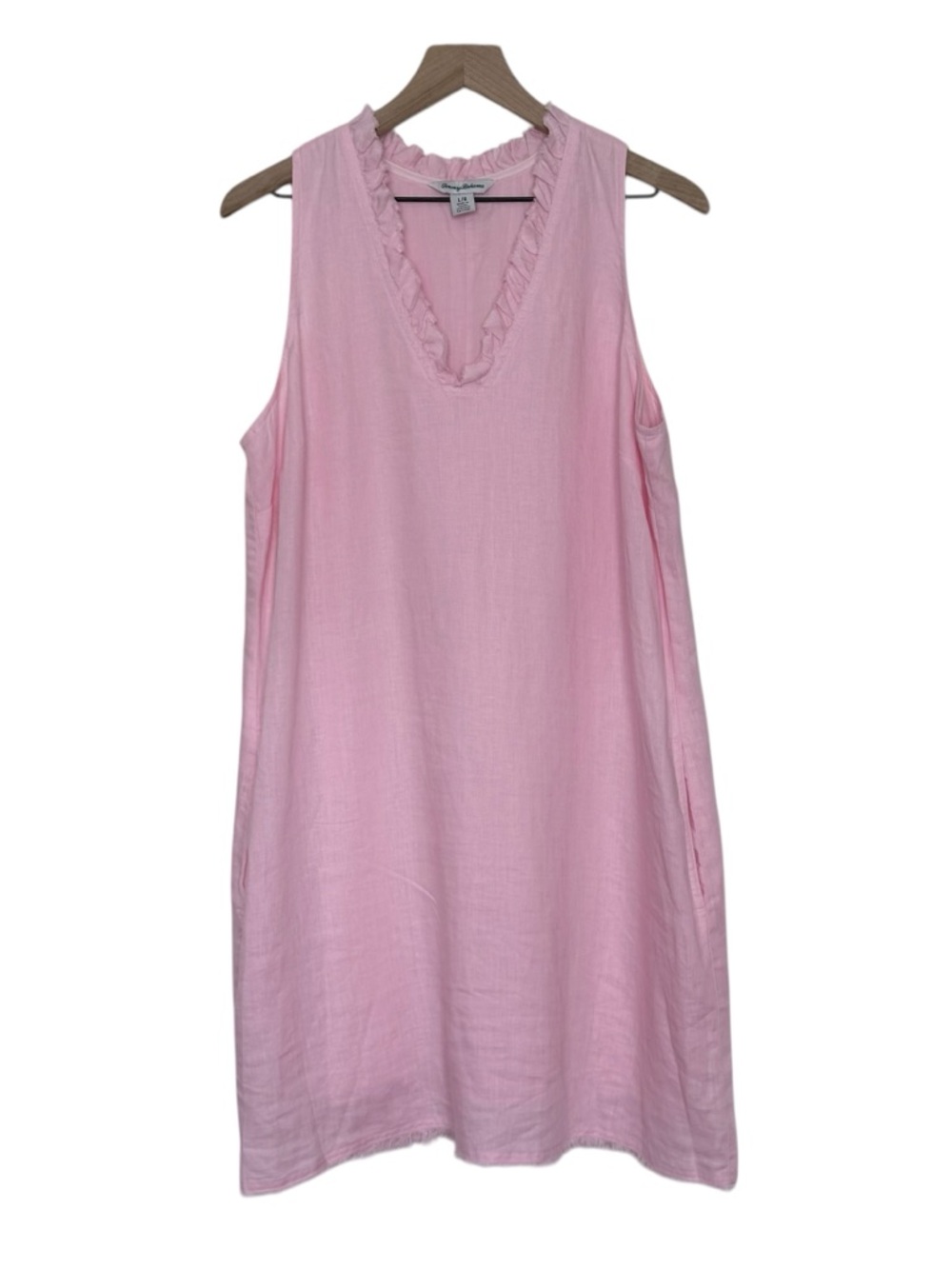 Tommy Bahama Large Pink Linen Tank Dress Fringe Pockets Resort Coastal Feminine